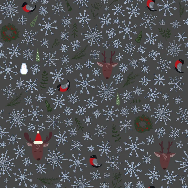 Різдвяний безшовний візерунок з оленями, пінгвінами, бульбашками та сніжинками — стоковий вектор