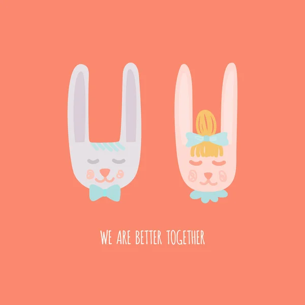 Jesteśmy razem lepiej. Ładna ręcznie rysowane królików w miłości. Walentynki lub karty ślub — Wektor stockowy