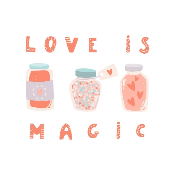 El amor es magia. Letras dibujadas a mano y frasco con corazones. Día de San Valentín, guardar la fecha o plantilla de tarjeta de boda — Archivo Imágenes Vectoriales