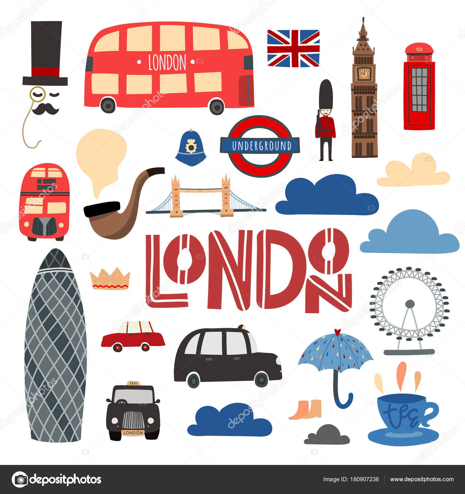 Symboles de Londres jeu dessiné à la main. Booth, bus ...