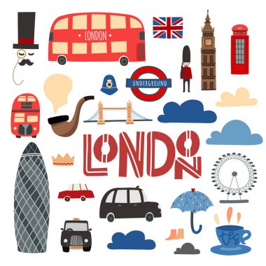 Londra sembolleri çizilmiş seti ver. Booth, otobüs, Tower bridge, Londra göz vb.