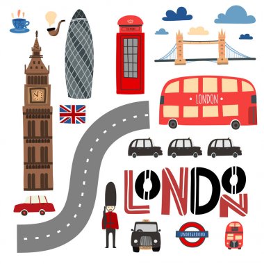 Londra sembolleri çizilmiş seti ver. Booth, otobüs, Tower bridge vb.