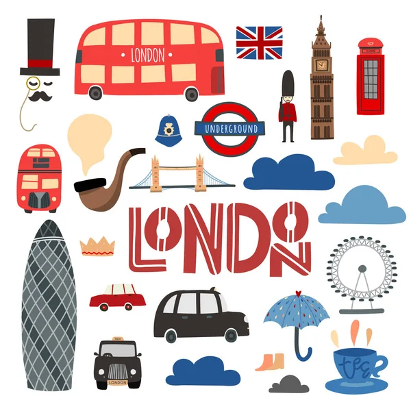 Londyn symbole ręcznie rysowane zestaw. Stoisko, autobus, Tower bridge, London eye itp. — Wektor stockowy