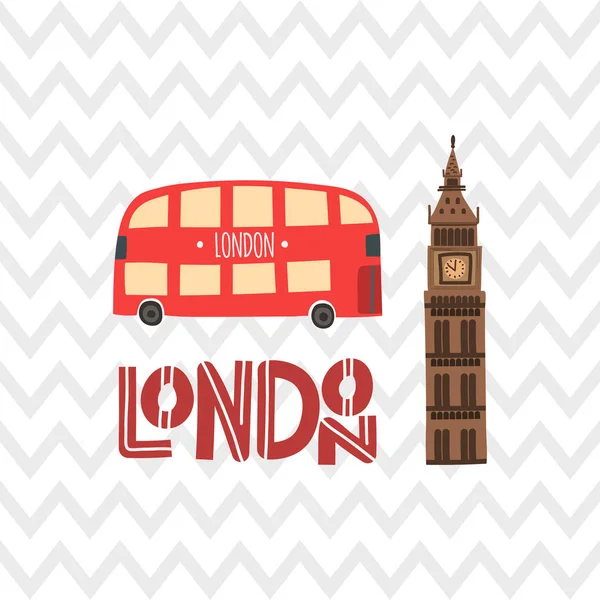 Piros London busz és a Big Ben, a cikk-cakk minta háttér — Stock Vector