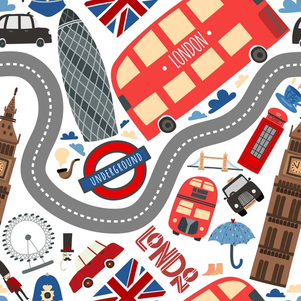 London nahtloses Muster. Cartoon Doodles Hintergrund — Stockvektor