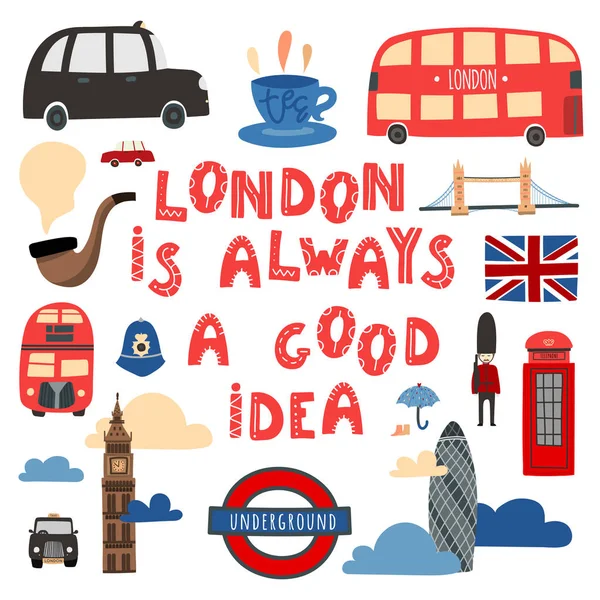 Londra è sempre una buona idea. Lettere disegnate a mano e simboli di Londra — Vettoriale Stock