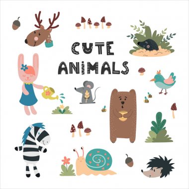 Sevimli vahşi hayvanlar çizilmiş seti ver. Ayı, tavşan, köstebek, baykuş, geyik, salyangoz, fare. Tasarım çocuk dekorasyon, çocuk odası, kitap, tebrik kartı, konfeksiyon için.