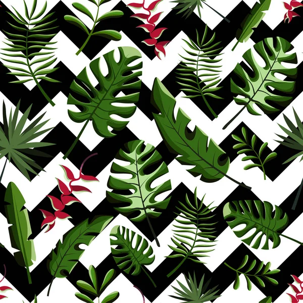 Feuilles de palmier tropicales et motif zig zag sans couture — Image vectorielle
