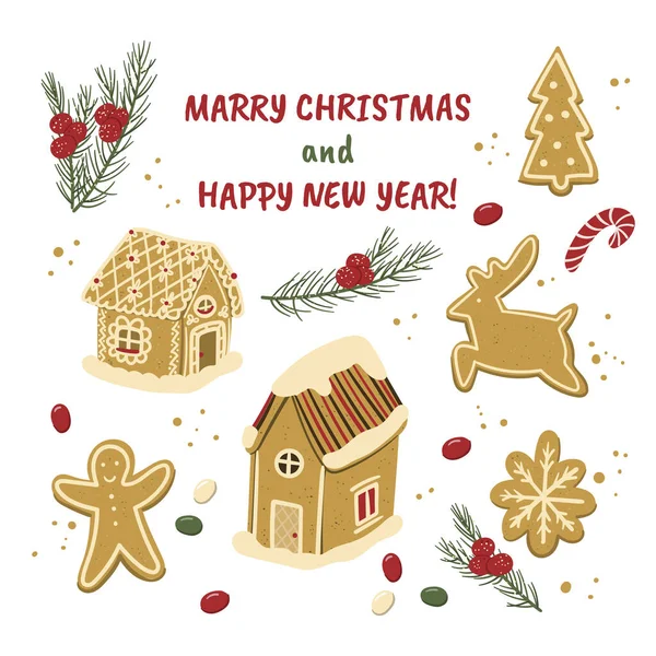 Frohe Weihnachten und ein glückliches neues Jahr Lebkuchenhäuser, Tannenbaum, Ingwermann und Hirschkekse Cartoon handgezeichnete Stil Illustration für Feiertagsdesigns. — Stockvektor