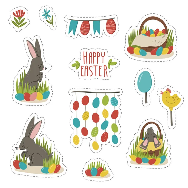 Joyeux autocollants de Pâques mis à la main dessiné doodle lapin de dessin animé, oeufs et gâteau de Pâques, décorations . — Image vectorielle