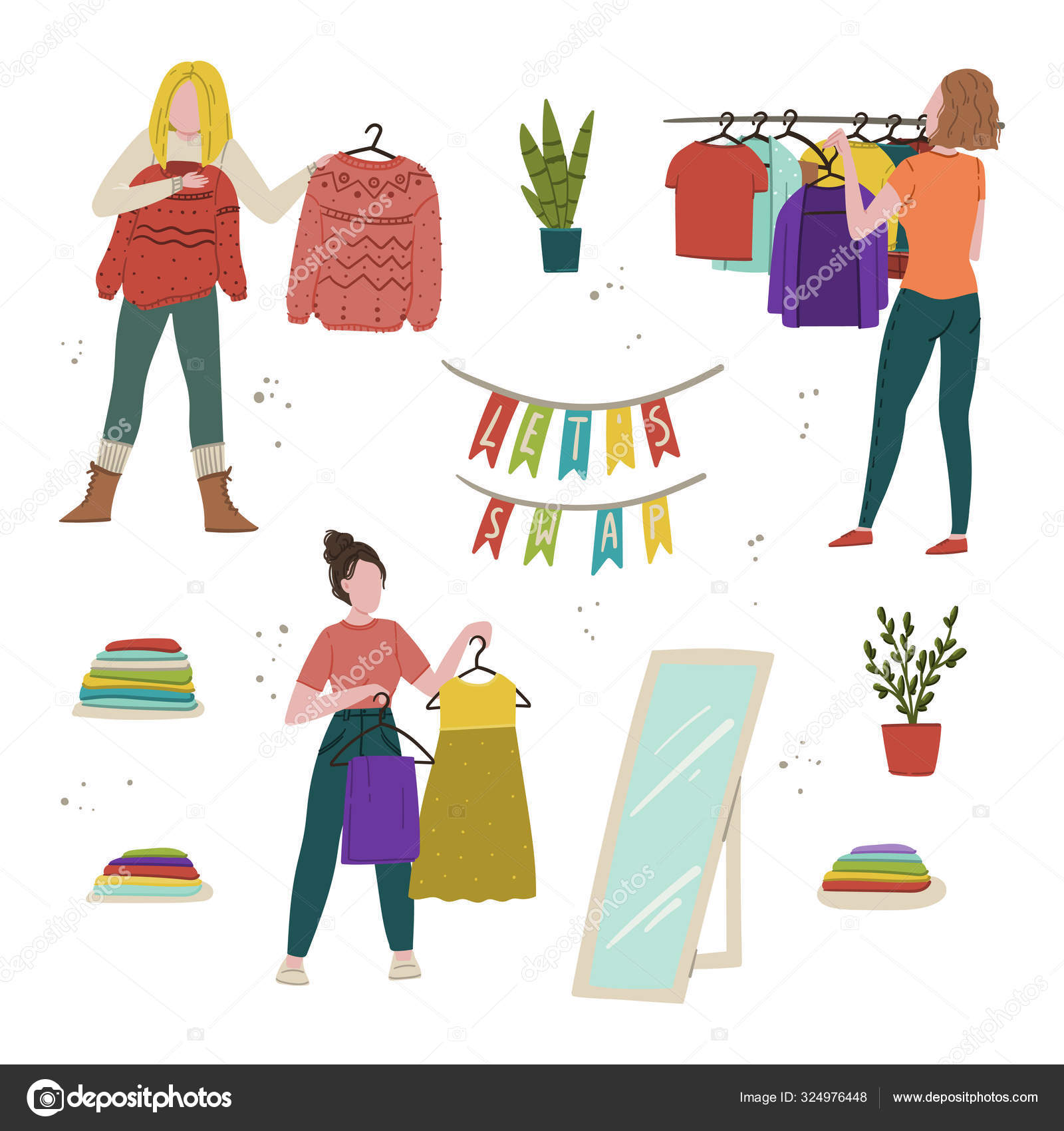 La oss bytte. Klær-swapper møtes, loppemarked, brukt hånd eller donasjon,  håndtegnet tegneserietegning, flat illustrasjon . stockvektor ©  helga-scandinavus #324976448, image size:1600x1700