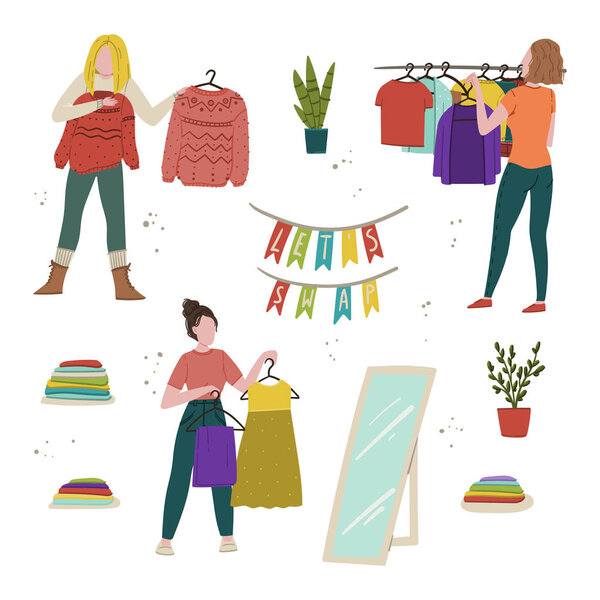 Давай поменяемся. Обмен одеждой встреча, блошиный рынок подержанных или пожертвование руки нарисованы мультяшный стиль плоская концепция иллюстрация
.