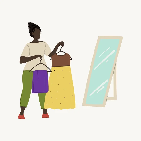 Mujer afroamericana probar tela en fiesta de intercambio o en la tienda de ropa. Compras, donaciones de ropa o ilustración de dibujos animados dibujados a mano de segunda mano estilo garabato . — Vector de stock