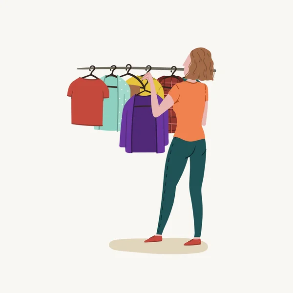 Meisje houdt een hanger met kleren in haar handen, probeert kleren aan. Garageverkoop, inkopen in de winkel, tweedehands. ruilen partij met de hand getekend cartoon doodle stijl concept illustratie. — Stockvector