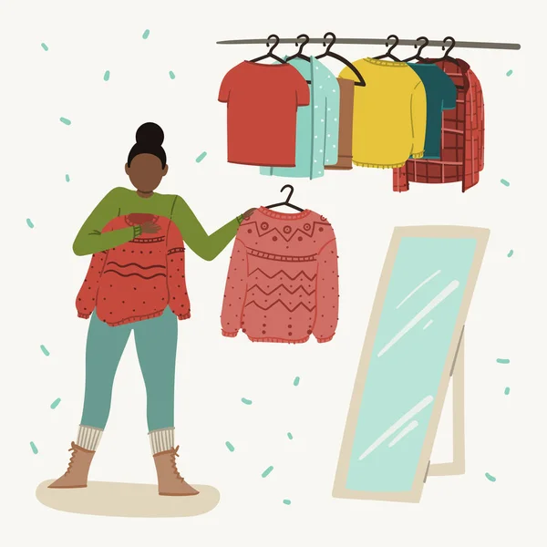 La mujer se está probando ropa en la tienda de ropa, de segunda mano, venta de garaje o fiesta de intercambio de ropa. Ilustración de dibujos animados planos dibujados a mano o concepto de cero residuos . — Vector de stock