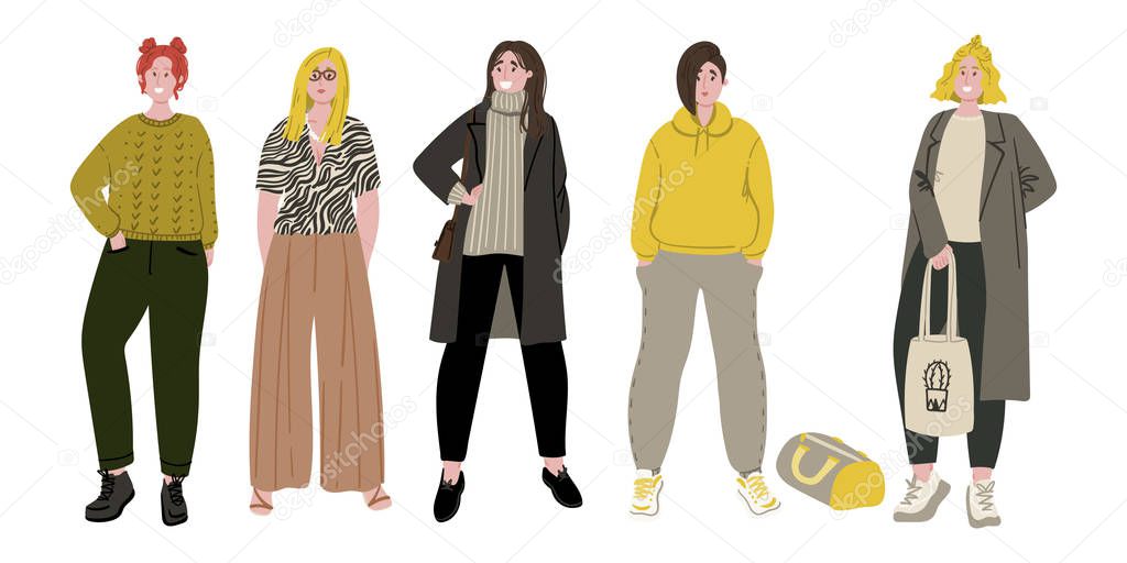 Girls or women in trendy clothes flat cartoon hand drawn style. People in sports wear, trendy clothes, with cotton bag, duffel bag.