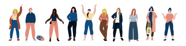 Grupo de mujeres en ropa de moda. Las chicas apoyan a las chicas. Cartel de poder o feminismo femenino, pancarta, fondo de volante. Éxito y felicidad — Vector de stock