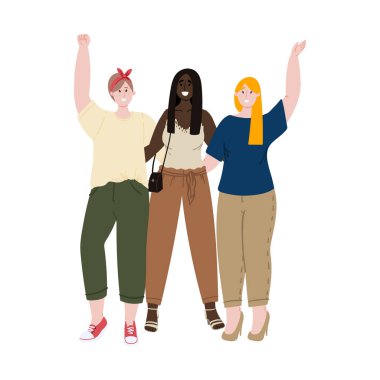 Bir grup kız bir arada duruyor. Feminist, yumruk at. Kız gücü, feminizm konsepti, birlikte daha güçlüyüz, kardeşlik..