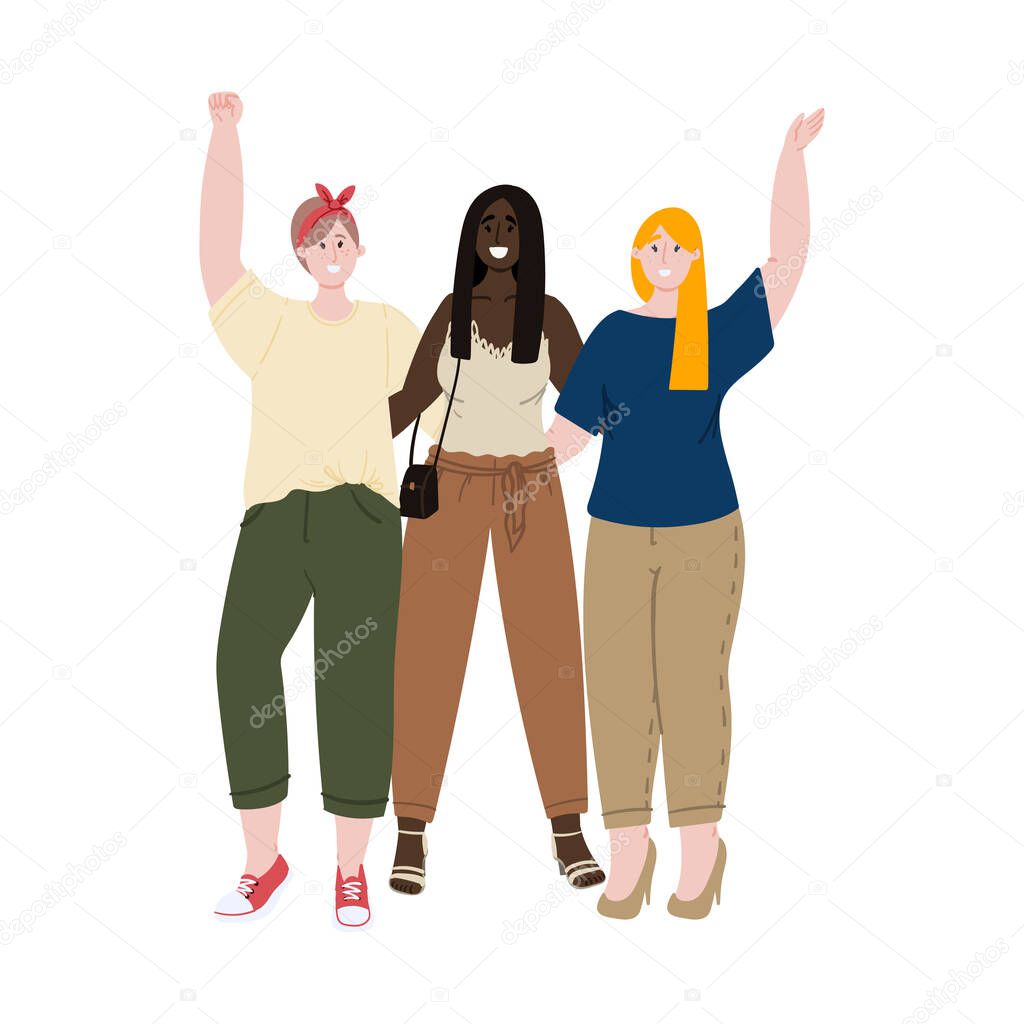 Group of girls standing together. Feminist, fist up. Hand with a fist up Girls power, feminism concept, together we are stronger, sisterhood.