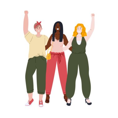 Kızlar birlikte duruyor. Çizgi film düz stil el çizimi kardeşlik ya da kız gücü konsepti çizimi.