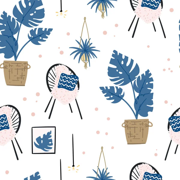 Seamless pattern urban jungle interior design with acapulco chair and monstera hand drawn flat cartoon doodle — ストックベクタ