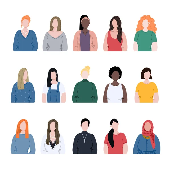 Set di icone piatte donna. La diversità delle persone disegnato a mano avatar cartone animato. — Foto Stock
