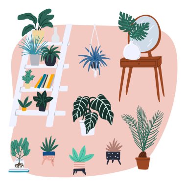 Şehir içi el çizimi karikatür tarzı vektör çizimi retro makyaj masası, raf ve ev bitkileri.