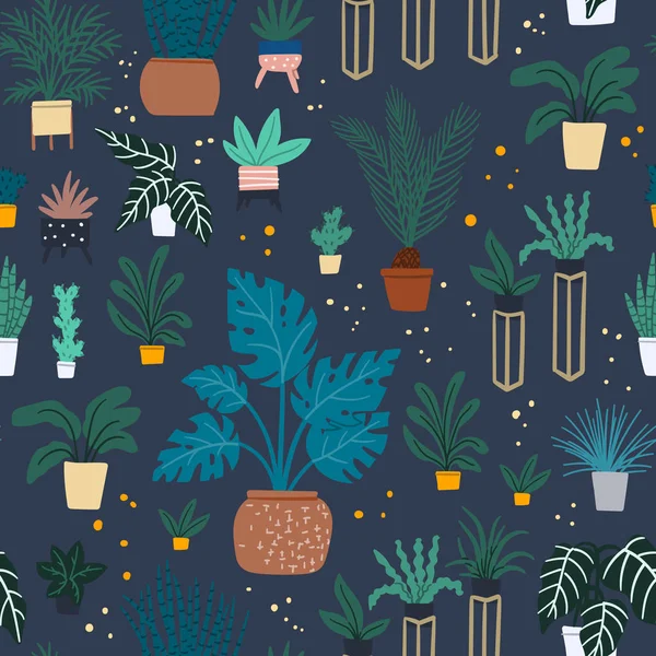 Selva urbana vasos plantas de sala sem costura padrão. Desenhos animados mão plana desenhada moderno sScandinavian design fundo para papel de embrulho, papel de parede, tecido têxtil — Vetor de Stock