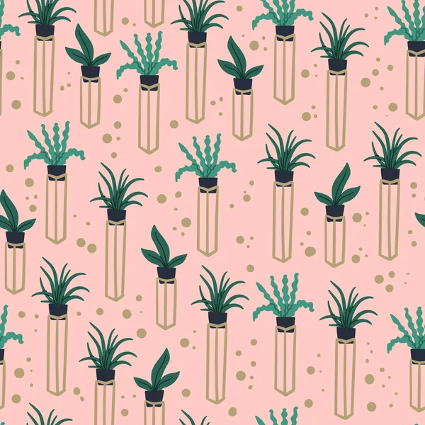 Boho chic style urban jungle seamless pattern with hand drawn plants in flowerpots. Wrapping paper, textile, fabric texture — ストックベクタ