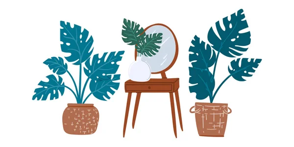 Urbaner Dschungel im Retro-Schminktisch und Zimmerpflanzen. Handgezeichnetes Cartoon Doodle Monstera. Skandinavisches modernes Interieur — Stockvektor