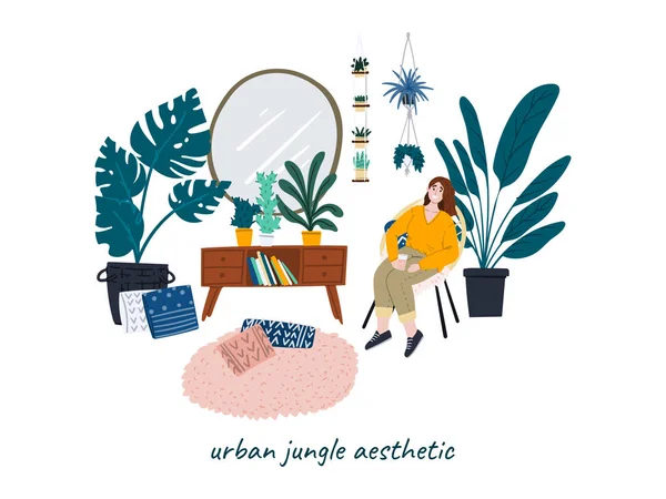 Kvinnan vilar hemma. Hus växter fri hand klotter urban djungel begrepp illustration. Platt tecknad trädgård för tidning, affisch, banner, webbsida. — Stock vektor