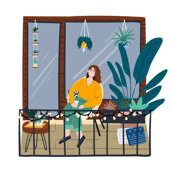 Girl is chilling on the balcony full of houseplants. Urban jungle aesthetic. Hand drawn cartoon style concept illustration for magazine, advertisement — ストックベクタ