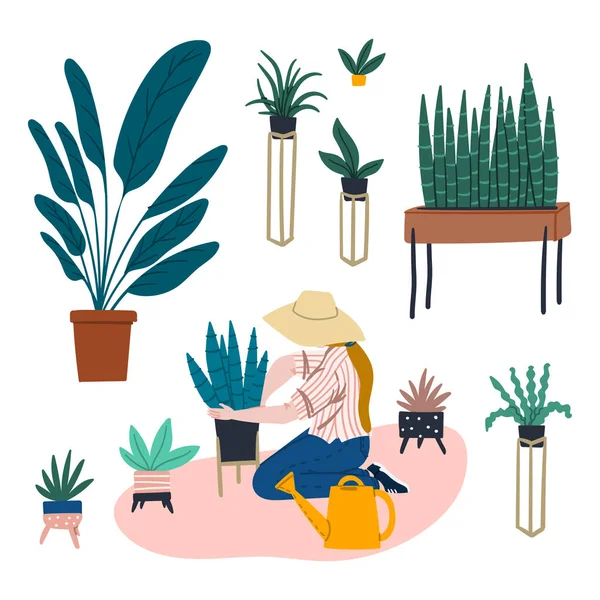 De vrouw tuiniert thuis. Meisje met gieter, kamerplant sansevieria, aloë etc. Stedelijke jungle platte cartoon illustratie vector hand getrokken concept. — Stockvector