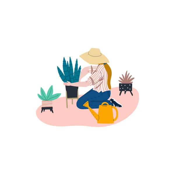 La donna fa giardinaggio a casa. Ragazza con annaffiatoio, pianta d'appartamento sansevieria, aloe ecc. Giungla urbana piatto cartone animato illustrazione vettore disegnato a mano concetto . — Vettoriale Stock