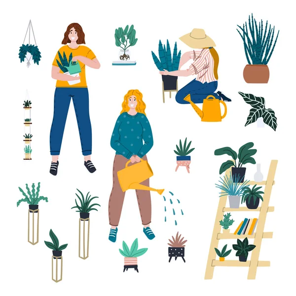 La femme jardine à la maison. Fille avec arrosoir, plante d'intérieur sansevieria, aloès etc. Urban jungle dessin animé plat illustration vecteur dessin à la main concept . — Image vectorielle