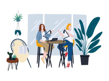 Kızlar podcast 'i evde yönetiyor. Merkez ofisten yayın yapıyorum. Dergi, afiş ve reklam için sosyal medya konsepti illüstrasyonu. Düz elle çizilmiş çizgi film tarzı.