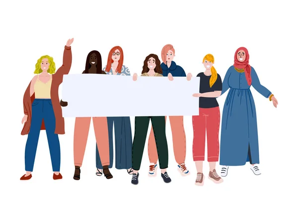 Diverso gruppo di donne che tengono in mano uno striscione bianco. Diversità e potere femminile, siamo più forti insieme. Illustrazione vettoriale del concetto disegnato a mano piatta del fumetto . — Vettoriale Stock