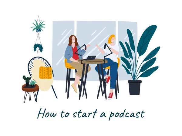 Frauen führen einen Podcast im Home Office. Mädchen, die sich am Tisch unterhalten. trendige minimalistische skandinavische Innenarchitektur Wohnung. Urbane Dschungelpflanzen. — Stockvektor