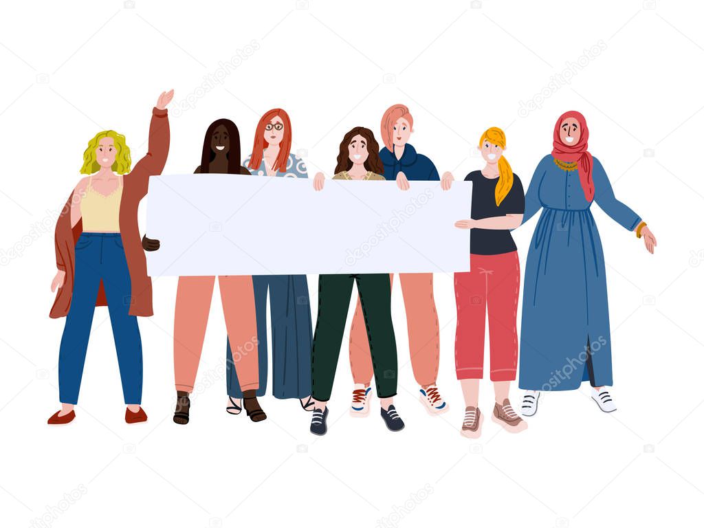 Diverse group of women holding blank banner in hands. Diversity and woman power, we are stronger together. Cartoon flat hand drawn concept vector illustration.