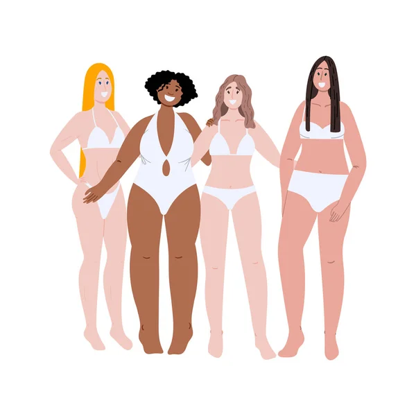 Grupo multirracial de mulheres com diferentes formas corporais, alto e peso. Diversidade desenho animado plana mão desenhada ilustração conceito. Adoro o teu corpo. Corpo positivo . — Vetor de Stock