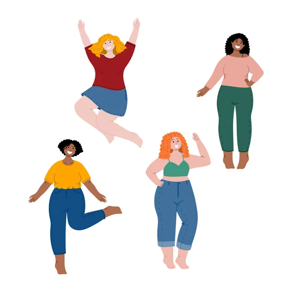 Les femmes positives du corps dansent et posent. Modèle taille plus. Femmes multiraciales dessin à la main illustration de style plat . — Image vectorielle