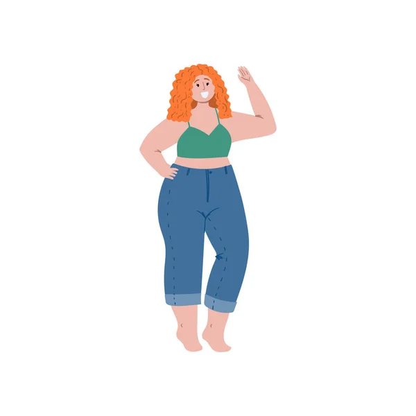 Kroppsligt positiv leende sexig plus storlek kvinna med rött hår. Hand dras platt tecknad stil illustration. — Stock vektor