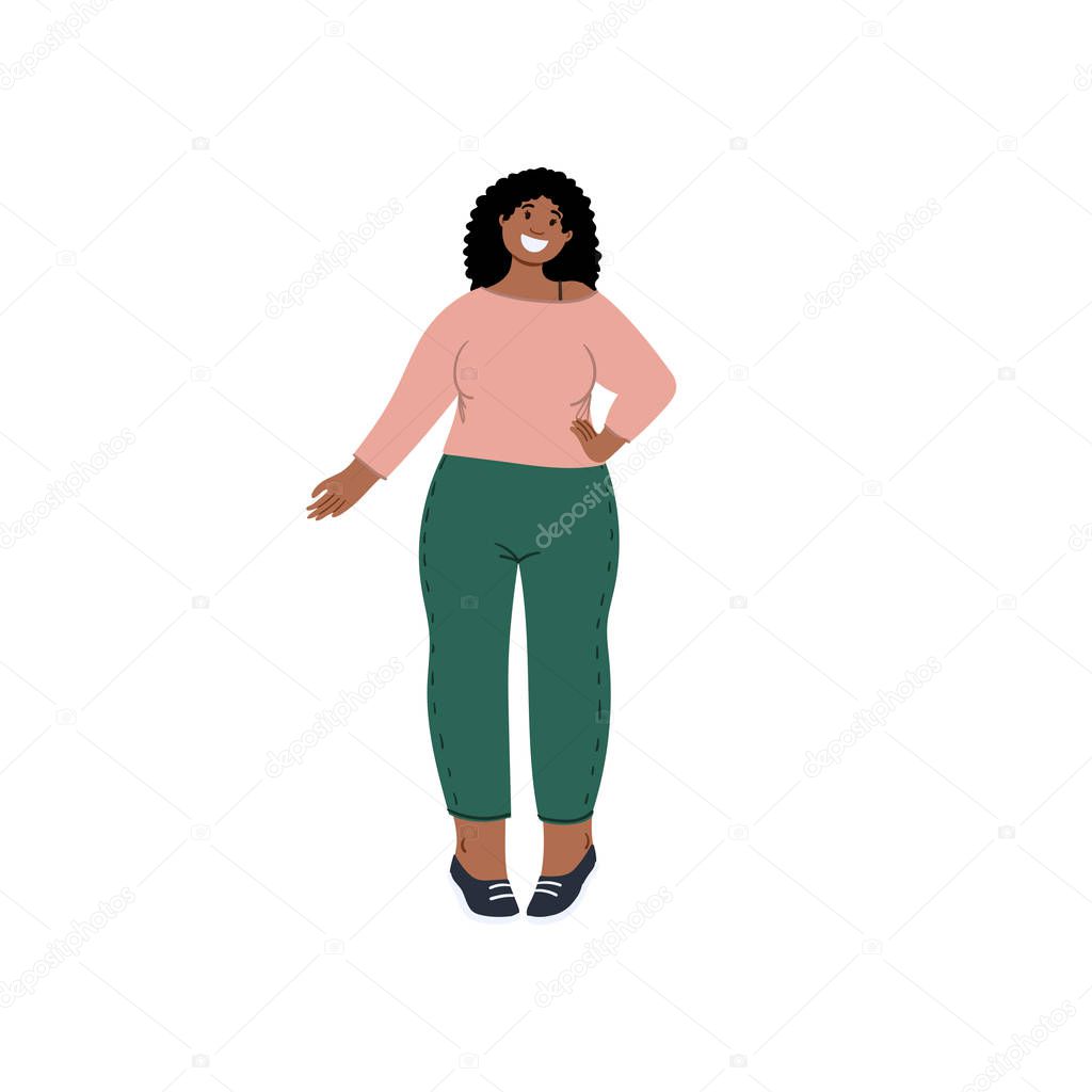 Body positive happy smiling woman. Hand drawn cartoon flat style afro american woman