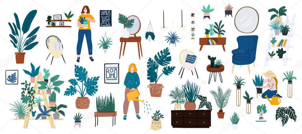 Urban jungle in modern scandinavian style interior apartment. Woman with watering can, potted houseplant, gardening at home. Retro furniture boho style interior design.