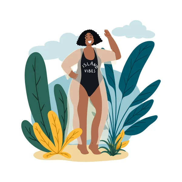 Amour de soi, acceptation de soi et illustration de concept plat dessinée à la main positive du corps. Une femme heureuse se tient près des palmiers. Vacances d'été . — Image vectorielle