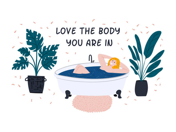 Woman relaxes in bathroom. Body positive, self care and self love cartoon flat style vector illustration. Love the body you are in. Urban jungle modern interior design.