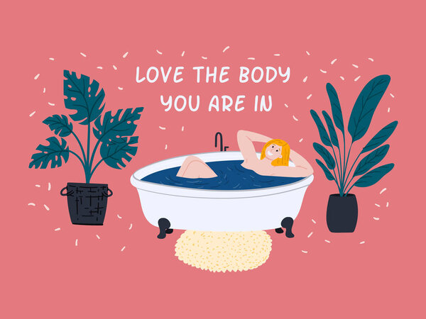 Woman relaxes in bathroom. Body positive, self care and self love cartoon flat style vector illustration. Love the body you are in. Urban jungle modern interior design.