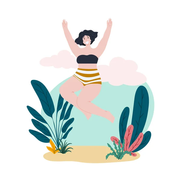 Femme heureuse saute sur l'île tropicale vacances d'été. Illustration du concept de corps positif et d'acceptation de soi. dessin animé dessiné à la main style plat . — Image vectorielle