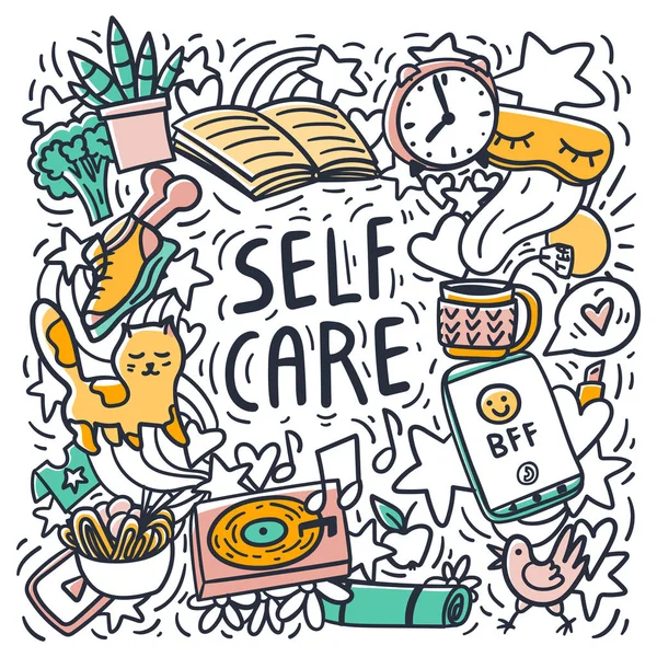 Self care hand drawn doodles. Healthy sleep, good nutrition, reading books, playing sports, pets, chatting with best friends, delicious food, hot tea, favorite music. — Stock Vector
