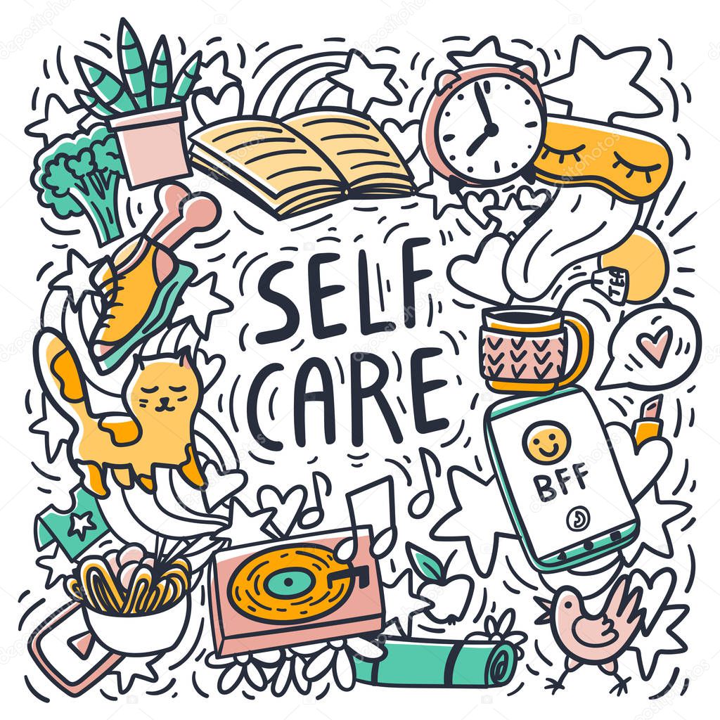 Self care hand drawn doodles. Healthy sleep, good nutrition, reading books, playing sports, pets, chatting with best friends, delicious food, hot tea, favorite music.